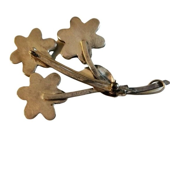 Artisan Brooch Sterling Silver Garnet Turquoise Flower Pin JS14 - Picture 10 of 10